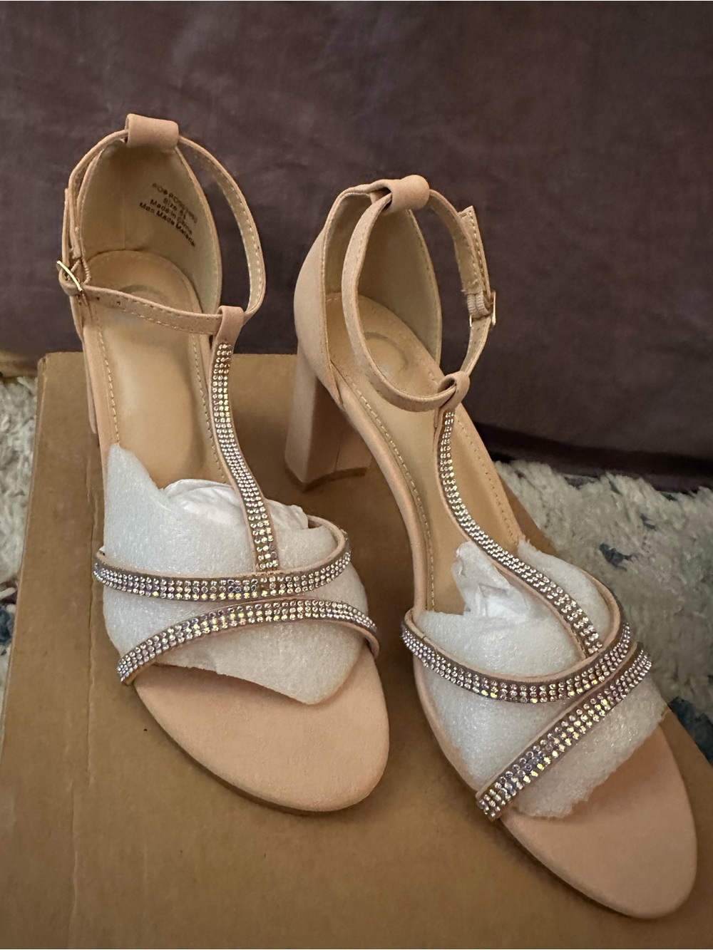Journee Collection Denali Nude T-Strap Block Heel Sandals with Rhinestone Straps